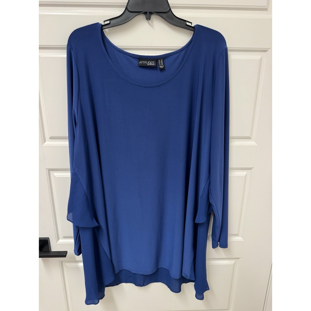 Attitudes by Renee Liquid Knit Top Georgette Flutter Back Blue Tunic 2X NWOT